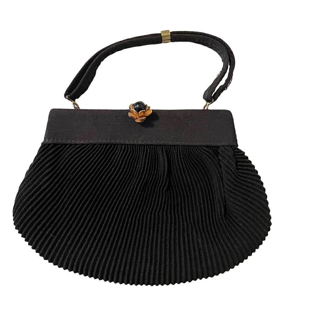 Vintage Pleated Satin Flower Clasp Handled Framed Evening Bag with Coin Purse
